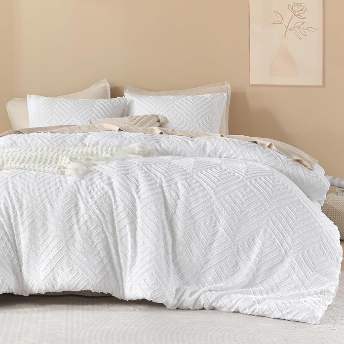 Litanika Super King Plus Comforter Set, 3 Pcs White Tufted Boho Bedding Set | Farmhouse Shabby Chic Vintage Bohemian Textured Aesthetic Soft Fluffy Lightweight Breathable All Season Bed Set