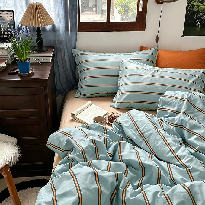 mixinni Retro Mint Blue Striped Duvet Cover Set - 100% Natural Cotton 3-Piece Vintage Stripes Pattern Printed Bedding Set, Soft Breathable Comforter Cover with Zipper & Ties, Twin XL Size