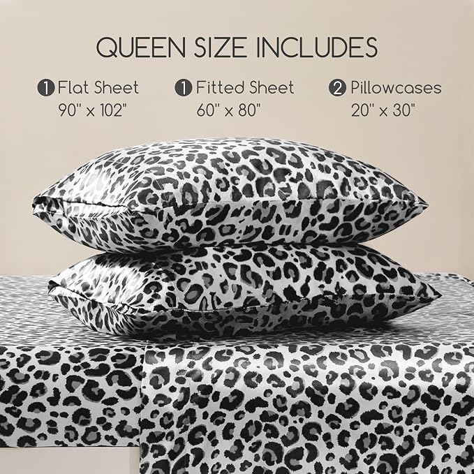 MR&HM Satin Sheets Queen Size with Elastic Corner Straps, White Leopard | Similar to Silk, 4-Piece Silky Soft Bed Sheet Set, Gentle on Skin and Hair, 15" Deep Pocket, Cooling & Breathable