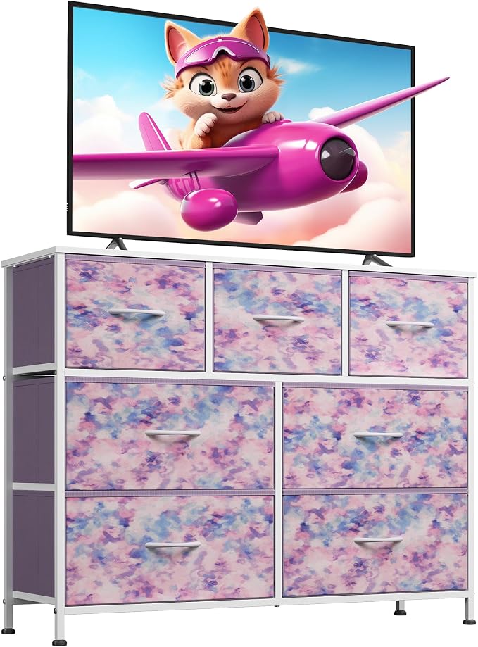 WLIVE Dresser for Bedroom, 7 Drawers, TV Stand, Tie-Dye | 7 roomy fabric drawers, Fits TVs up to 45 inch, Bedroom or living room, Wide storage design, Chest of drawers