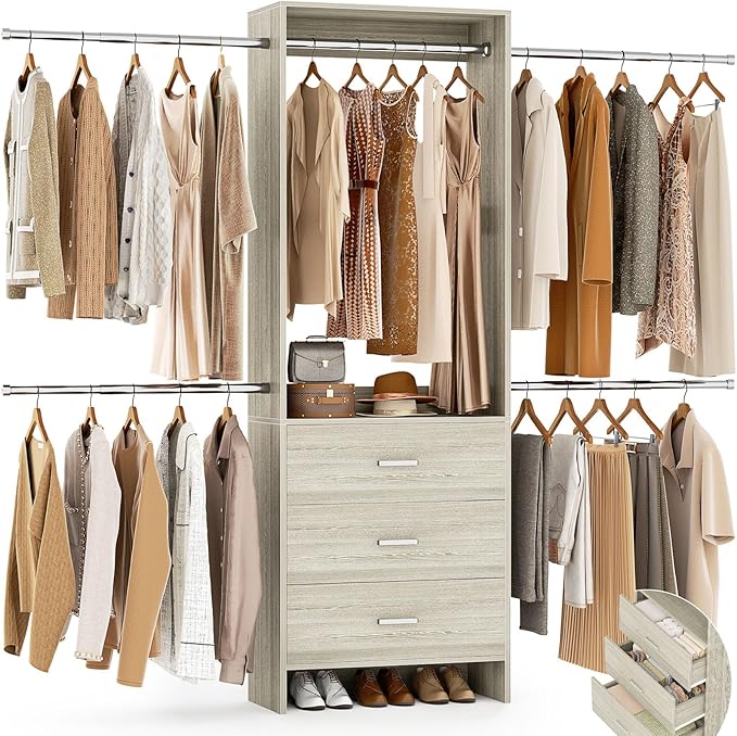 Aheaplus Closet System, 4.2-9Ft Closet Organizer with with 4 Rods, White Oak | for Walk in Closet, Wardrobe Clothes Rack with 4 Hanging Rods, Garment Rack