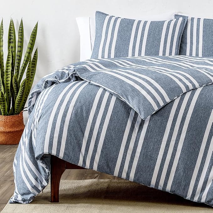 Bare Home Duvet Cover Set (Cal King, Stripe - Heathered Midnight Blue) | 1800 Ultra-Soft, Lightweight, Cooling, Breathable, Premium, All-Season