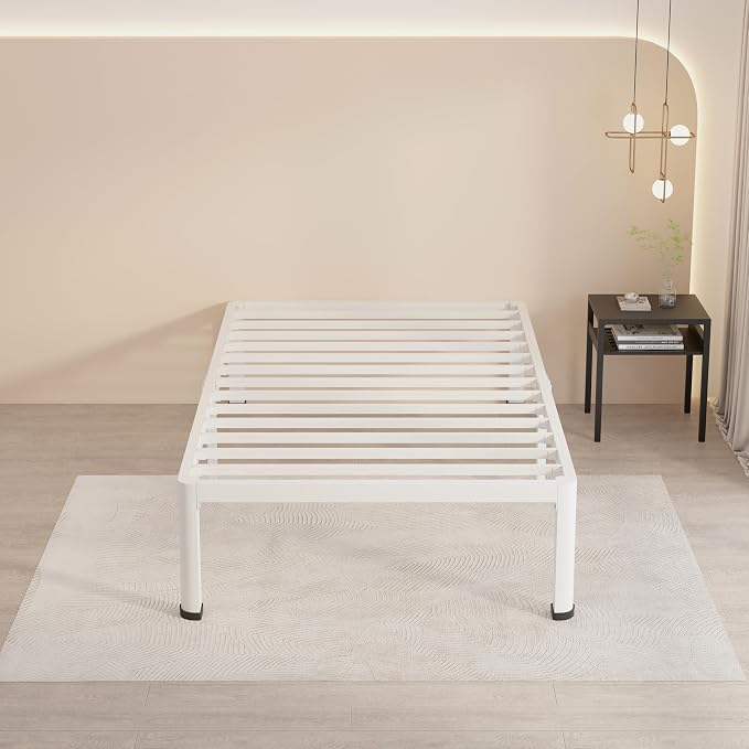 MAF 14 Inch Twin Metal Platform Bed Frame White with Round Corner Legs | Mattress Baffle, 3000 LBS Heavy Duty Steel Slat Support, Noise Free, No Box Spring Needed, Easy Assembly, 12.4" Storage Space