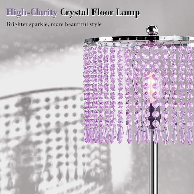 【Upgraded】 Dimmable Crystal Floor Lamps for Living Room with Chandelier Lampshade, Standing Lamp with Knob Switch, Tall Purple Floor Lamp for Bedroom, Dresser, Office