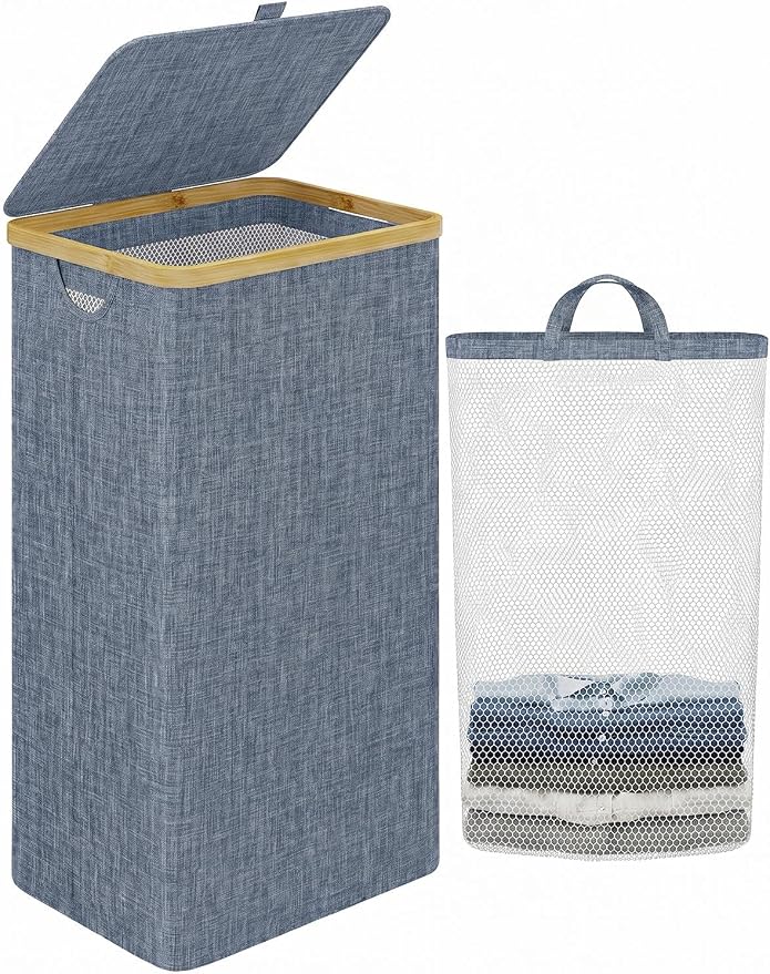 IEGrow Laundry Hamper with Lid,110L Laundry Basket with Mesh Bags,Blue | Dirty Clothes Hamper Basket with Bamboo Handle for Clothes Towels