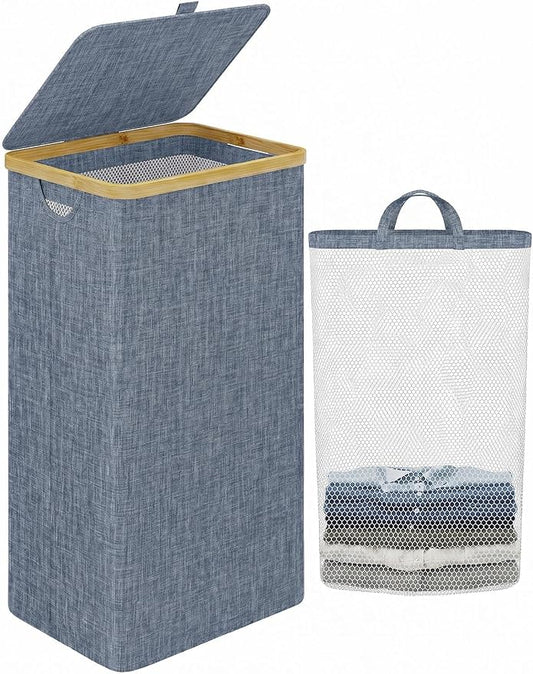IEGrow Laundry Hamper with Lid,110L Laundry Basket with Mesh Bags,Blue | Dirty Clothes Hamper Basket with Bamboo Handle for Clothes Towels