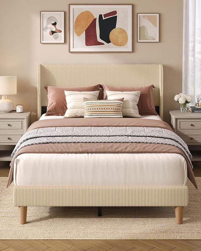 Bestier Full Bed Frame with Wingback Headboard,Upholstered,Taupe | Wooden Slats Support,Easy Assembly,Wingback Headboard,No Squeaks,Vertical Channel Corduroy Upholstered,No Box Spring Needed