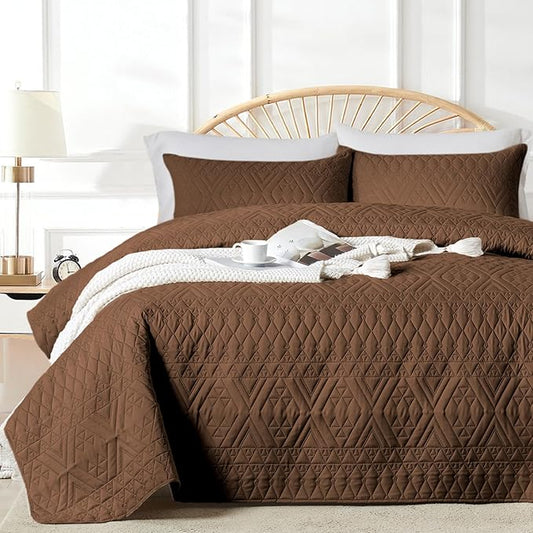 akkialla Twin Size Quilt Bedding Set,Brown Lightweight Microfiber Soft Bedspreads,Modern Style Geoetric Pattern Coverlet Set for All Seasons,2 Piece(1 Quilt,1Pillow Sham)