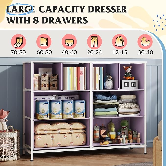 WLIVE Wide Dresser for Bedroom, 8 Drawer Chest of Drawers, Purple | 8 roomy fabric drawers, Wide storage design, Bedroom or closet use, Sturdy steel frame, Smooth wood tabletop