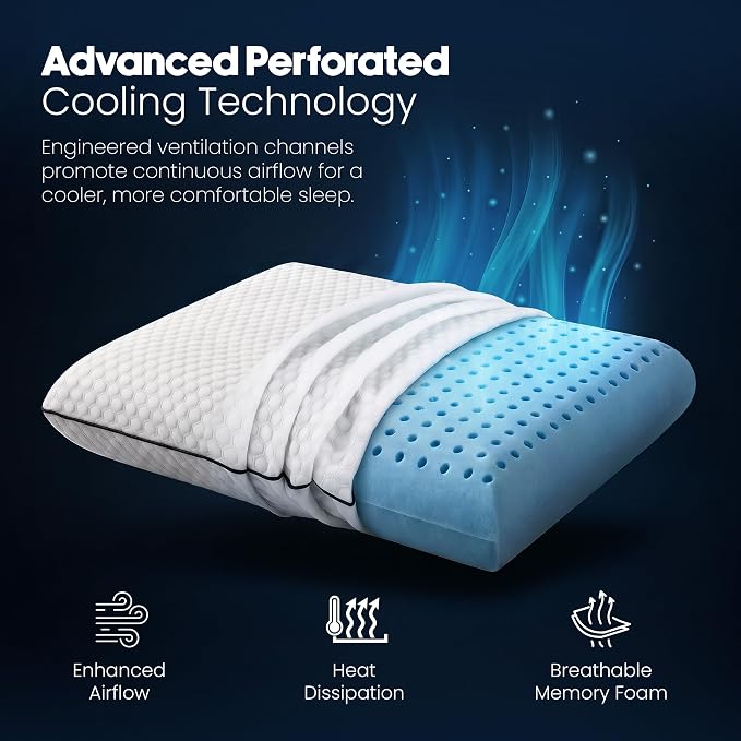 Utopia Bedding Memory Foam Pillows for Sleeping, Cooling Pillow (Queen) | Perforated Memory Foam pillow, pack of 1, Breathable Airflow Design, Back, Side & Stomach Sleepers, Machine Washable cover