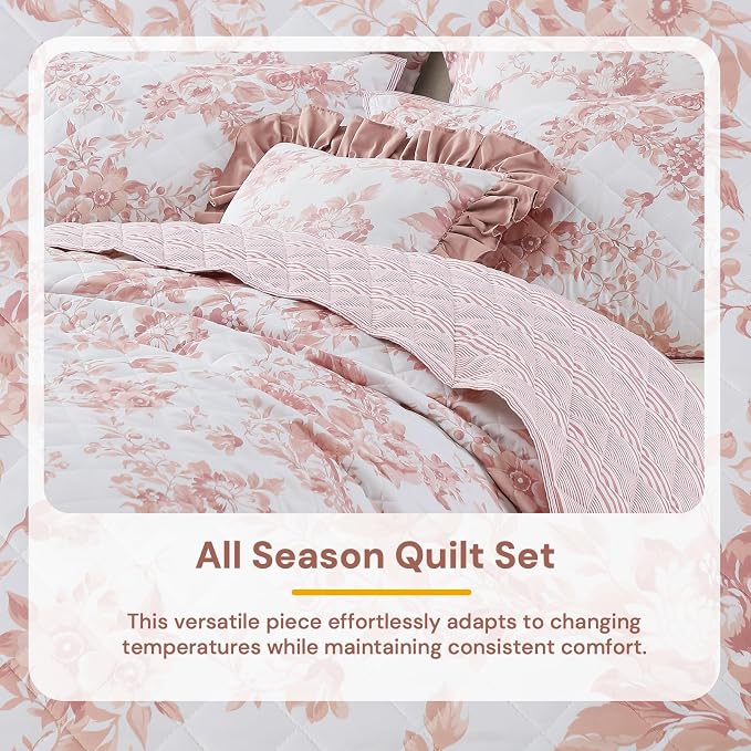 BLOOMHAVEN Queen Quilt Set-3 Pieces Soft Bedding Floral Reversible Coverlet | All Seasons Lightweight Quilts Queen Size for Bed, Breathable Vintage Bedspread with Shams, Dusty Rose Pink