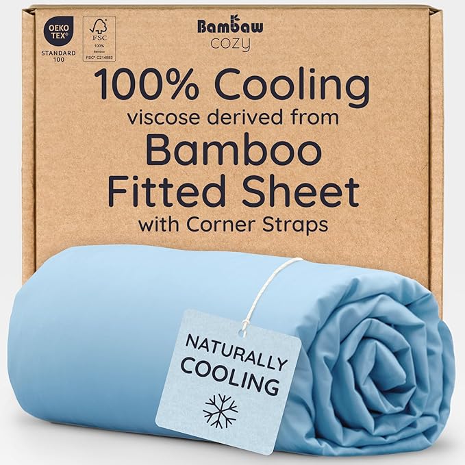 Bambaw 100% Viscose Derived from Bamboo Fitted Sheet, 16’’ Pocket King Bed Fitted Sheet Only, Cooling Fitted Sheets King Size, Breathable & Soft King Size Fitted Sheet with Corner Straps (Dream Blue)