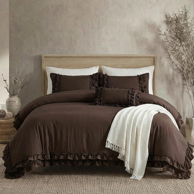 Dark Brown Duvet Cover Set Elegant Ruffled Bedding King Shabby Chic Lace Ruffle Boho Bedroom Decor Vintage Boho Style Chocolate Duvet Cover with Pillowcases