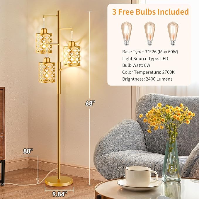 68" Modern Tree Floor Lamp, Dimmable Industrial Tall Standing Lamp with Metal Cages & Rotary Dimmer Knob, Corner Decor Lighting for Living Room Bedroom Cafe, 3 x 800LM Bulbs Included - Gold