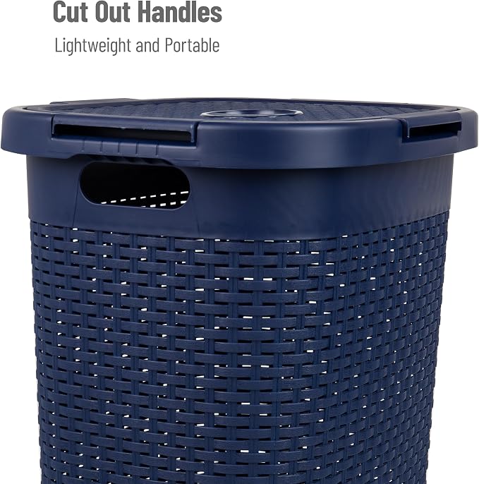 Mind Reader Slim Laundry Hamper with Lid, 60L Tall Clothes Basket, Narrow Tapered Design for Bathrooms, Closets and Laundry Rooms, Plastic, Navy