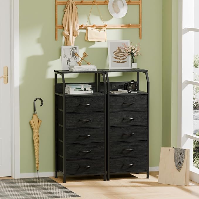 Furnulem 5 Drawers Dresser with Charging Station, Tall Black Nightstand | Tall Dorm Nightstand, Fabric Chest of Drawers with Open Shelf, Bedside Table for Closet, Dresser for Bedroom, 3 Ways to Use