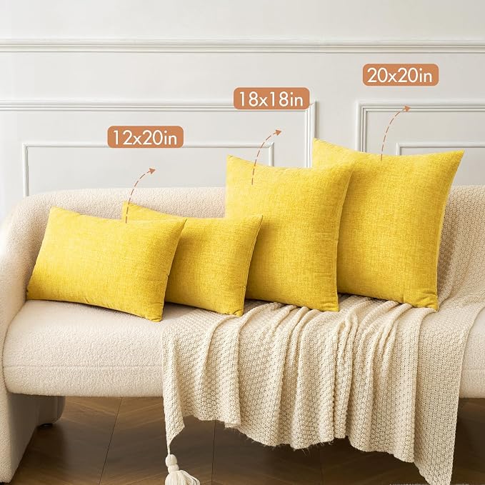 MIULEE Soft Chenille Throw Pillow Covers Yellow 18x18 Inch Pack of 2 | Modern Home Decor, Classic Decorative Pillows, Solid Dyed Cases, Boho Couch Cushion Covers for Sofa Bed Living Room