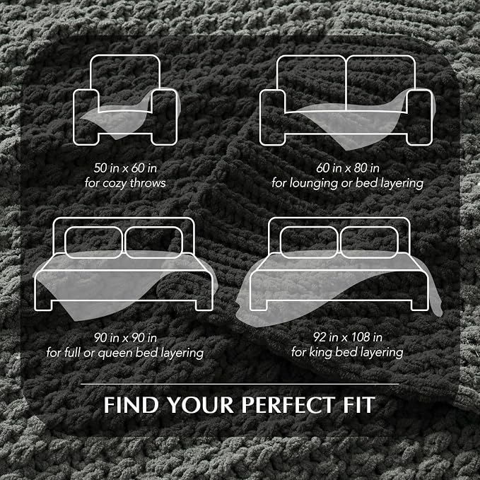 EVERGRACEHOME Chunky Chenille Knit Throw Blanket, 108x92, Charcoal Gray | Sculpted Moss Stitch, Chic Modern Farmhouse, All-Season Warmth, OEKO-TEX® Certified, Oversized King for Couch, Bed, Sofa