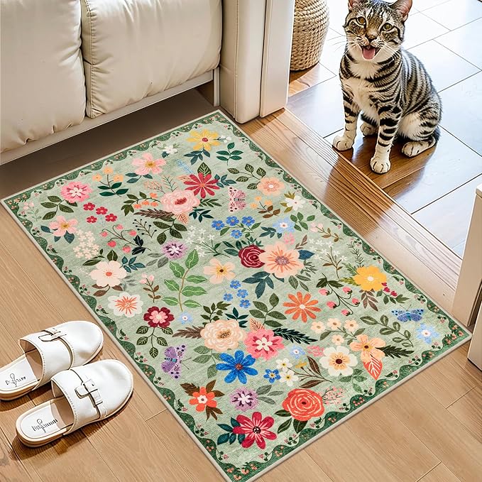 PLHXFR 2x3 Small Entryway Rug: Floral Washable Indoor Soft Carpet Green | For Entrance, Bedroom, Kitchen, Laundry, Bathroom,Door Mat,Vintage Floral,Machine washable,Non-Slip,Stain Resistant,Indoor