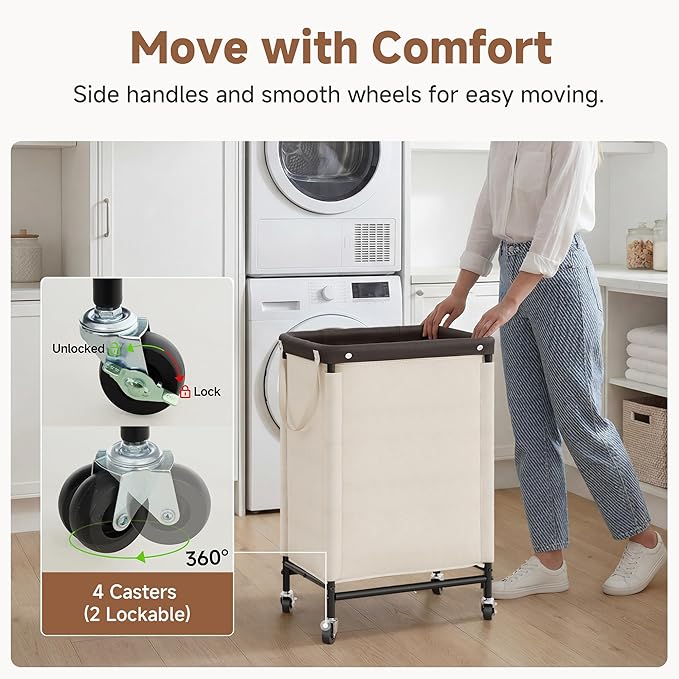 StorageWorks Laundry Hamper with Wheels and Removable Liner Bag, Beige, 90L | Laundry Hamper with Wheels & Removable Liner, Beige Rolling Cart for Bedroom, Bathroom, Apartment