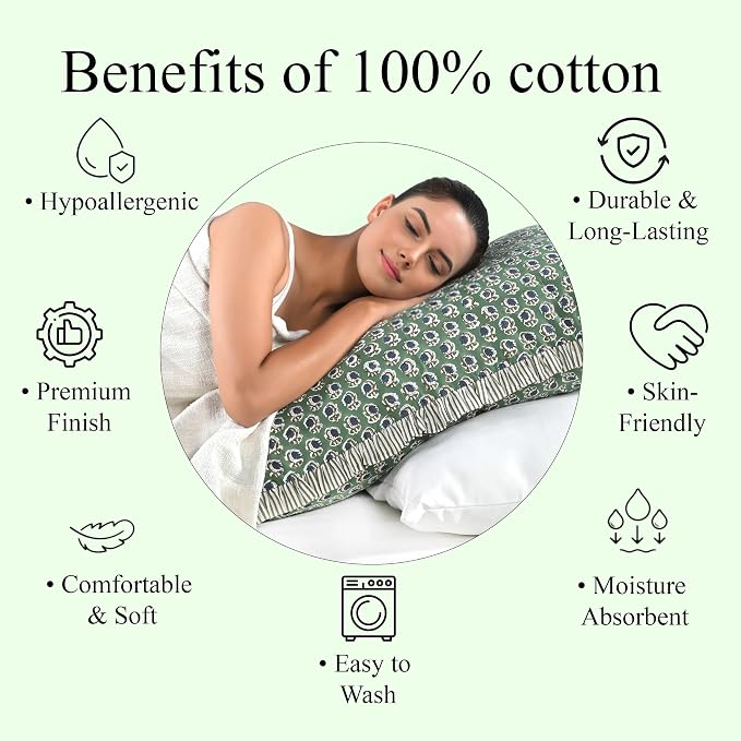 Ridhi Block Print Basil Green Ruffle Lumbar Pillow Shams, 36" x 14" | 100% cotton, Floral Pillowcase, Cushion Cover, Hidden Zipper, Cottagecore Bedding, farmhouse boho style, fits couch, sofa,Bed