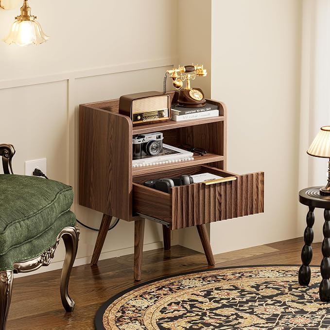 Huuger Nightstand with Charging Station, USB-C Port, End Table | Fluted Night Stand Bedside Table with Drawer, Solid Wood Feet, Open Storage, with Raised Edge, for Bedroom, Walnut