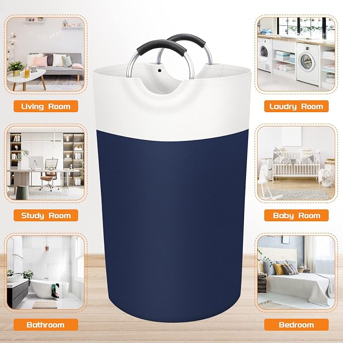 BlissTotes 90L Laundry Basket, Freestanding Collapsible Hamper, Blue | Collapsible Dirty Clothes Hamper, Foldable Laundry Bag for Dorm, Waterproof Fabric, Padded Aluminum Handles