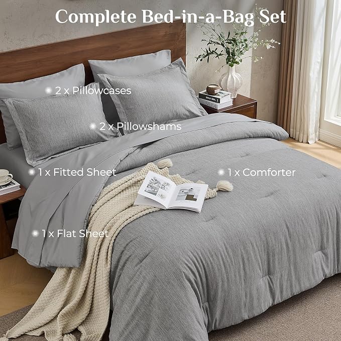 JOLLYVOGUE Grey King Comforter Set, Cationic Dyeing Bed in a Bag King 7 Pieces, Double-Tone Bedding Set with Down Alternative Comforter, Sheets, Pillowcases & Shams