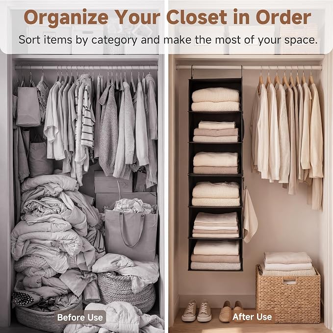 StorageWorks Hanging Closet Organizer, 6-Shelf with 2-in-1 Design, Ivory | Maximize Closet Space with Reinforced Shelves, Small Closet Storage Solution for Bedrooms, Dorms and RVs