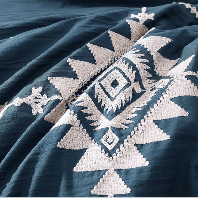 MaiRêve Embroidery King Size Comforter Set 7 Pieces Navy Blue Bed in a Bag | Western Boho Farmhouse Bedding Sets with Comforter, Sheets, Pillowcases & Shams