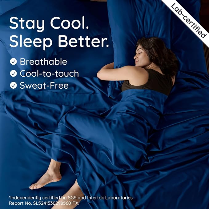 Bambaw 100% Viscose Derived from Bamboo Fitted Sheet Twin XL – Single Fitted Sheet Only, Cooling & Breathable, Silky Soft Feel, Deep Pocket Fits Up to 15" Mattresses, Stays Fresh All Night (Navy Blue)