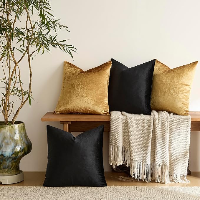 GIGIZAZA Pack of 4 Decorative Velvet Pillow Covers 20x20 Black Gold | Throw Pillows for Couch Sofa,280gsm Soft Textured Fabric,Modern Accent Pillowcases,Luxury Living Room Cushion Covers