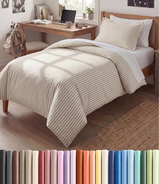 Duvet Cover Twin/Twin XL - 2 Piece with Zipper Closure - Beige Stripes | Extra Soft, Breathable, Twin/Twin XL Duvet Cover 68" x 90" w/ 1 Pillow Sham, Zipper Closures & Ties, Women, Men, Kids & Teens