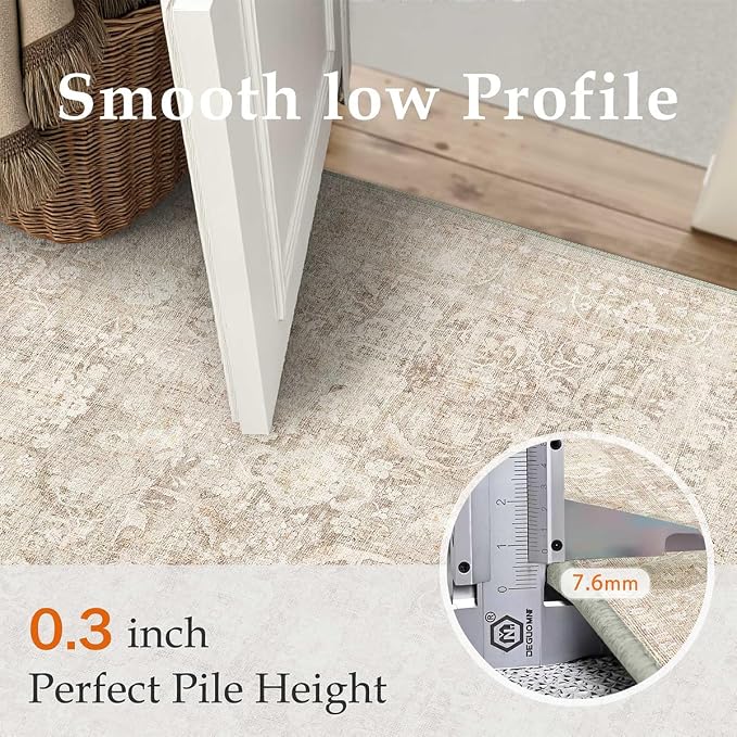 4x5 Beige Neutral Living Room Bedroom Area Rug | Washable, Soft, Non Slip, Low Pile, Vintage, Distressed, Carpet for Dining Room Nursery Office Indoor Home Decor