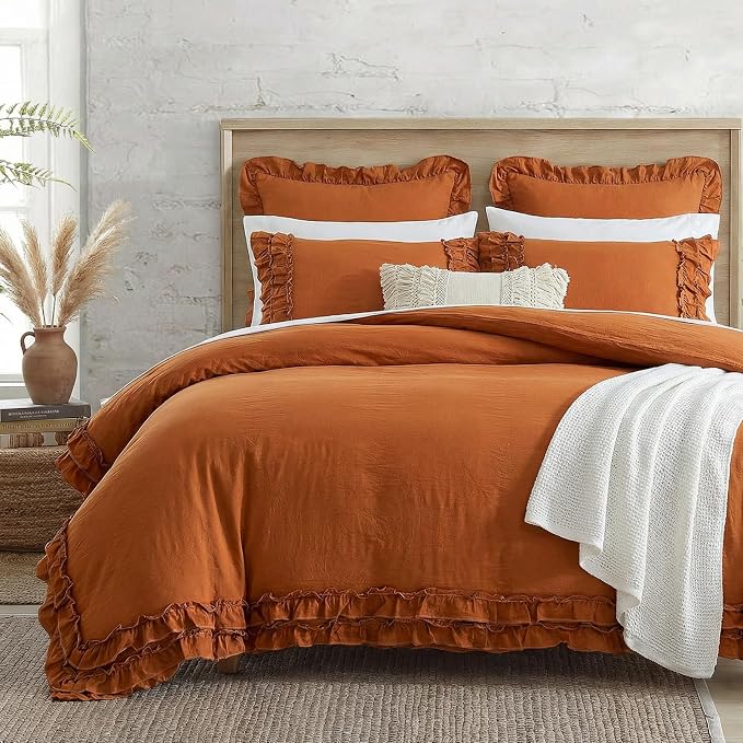 Bedorm Ruffled Queen Duvet Cover Burnt Orange Bedding Set Rust Lace Ruffle Boho Chic Bedroom Decor Super Soft Breathable Pumpkin Duvet Cover Set French Country Style