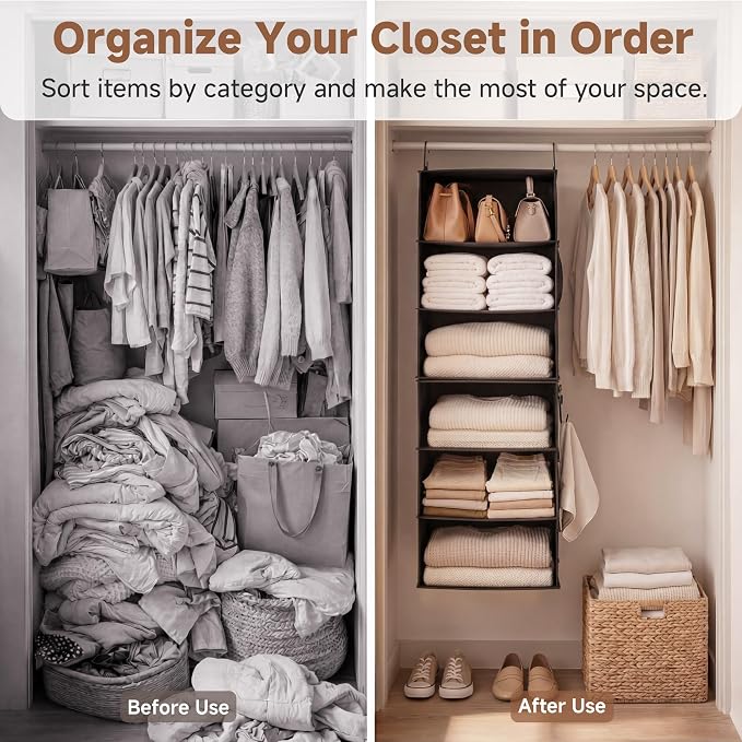 StorageWorks Hanging Closet Organizer, 6-Shelf with 2-in-1 Design, Ivory | Maximize Closet Space with Reinforced Shelves, Small Closet Storage Solution for Bedrooms, Dorms and RVs, Jumbo