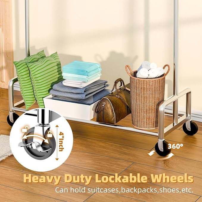 Simple Trending Rolling Clothes Rack, Heavy Duty Garment Rack, Chrome | Metal Clothing Rack, 360° Lockable Wheels, Extendable, Load 500LBS, Bedroom, Laundry Room