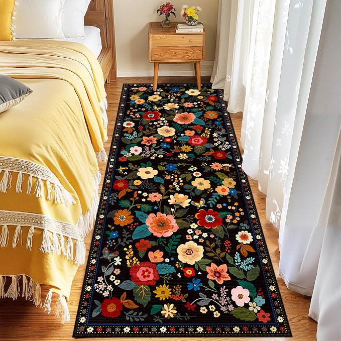 Floral Washable 2x8 Area Rugs Runner Entryway Hallway Black | Flower Carpet, Print, Boho, Non-Slip, Easy to Clean, Low Pile, Soft, for Living Room Bedroom Kitchen Office Entrance