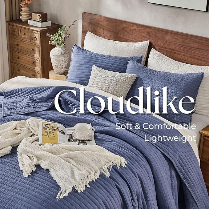 DOWN HOME King Quilt Bedding Set with Shams, Vintage Washed Soft Quilted Blanket Thin Comforter Lightweight Bedspread Coverlet Bed Cover, Brushed Microfiber Stripe Stitching, Vintage Denim, 104"x90"