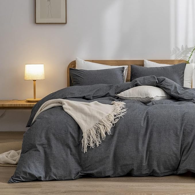 BESTOUCH Cotton Solid Duvet Cover Set Linen Feel Dark Black Alaska King | 100% Washed Cotton, Soft Wrinkle Texture, Hidden Zipper, 8 Ties, Breathable Lightweight Durable Comfy, 3 Pcs No Insert