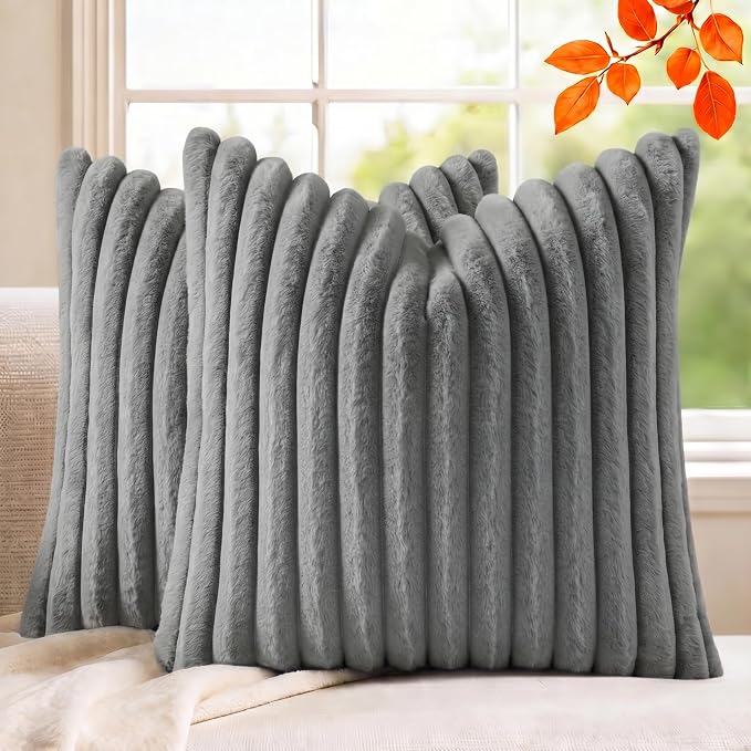 Pack of 2 Throw Pillow Covers 20x20 Decorative Solid Plush Faux Fur with Soft Velvet Back, Square Striped Cushion Cases Modern Farmhouse Home Decor for Living Room Couch Sofa Bed Dark Gray