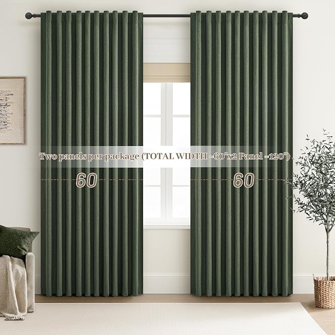Dark Olive Green Curtains 60 Inch Length Extra Wide Pleated Black Out 96 Inch Long for Living Room, Linen Thick Sliding Glass Door Heavy Duty Insulated Large Window Drapes (60"Wx96"Lx 2Panels Loden)