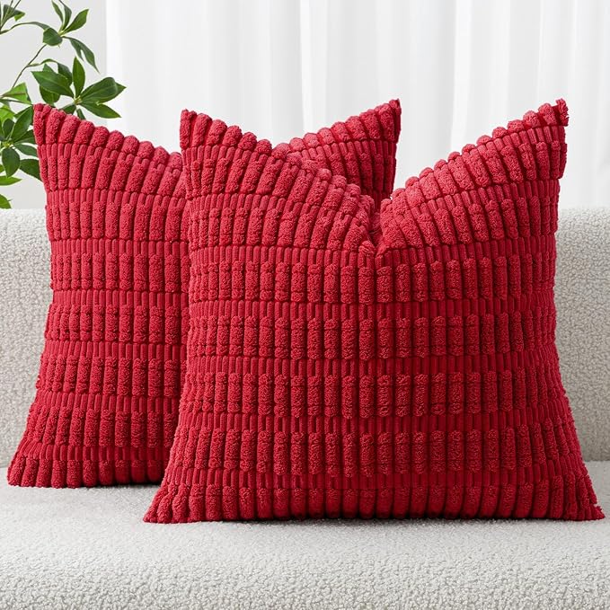 MIULEE Corduroy Decorative Throw Pillow Covers 18x18 Red Pack of 2 | Soft Boho Striped Pillow Covers Modern Farmhouse Home Decor For Sofa Living Room Couch Bed