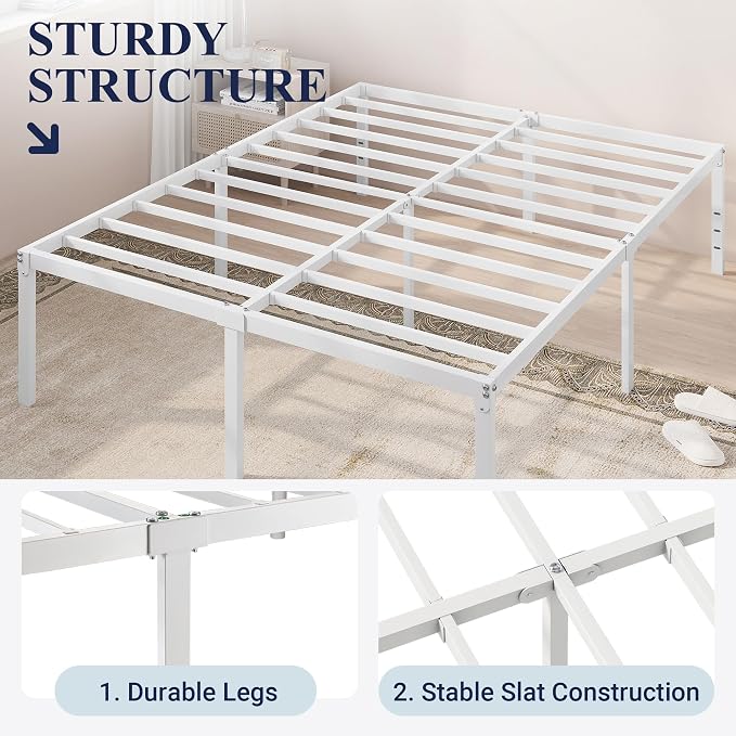 Allewie King Size Bed Frame, 18 Inch Metal Beds with Storage Space, White | Heavy-Duty Metal Platform Beds, Large Under-Bed Storage Space, No Box Spring Needed, Easy Assembly