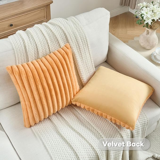 FUTEI Pack of 2 Faux Fur Throw Pillow Covers 26x26 Inch, Orange | Fluffy Faux Rabbit Fur Front/Premium Velvet Back,Hidden Zipper,Machine Washable,Non-Shedding,Colorfast,Insert Not Included.