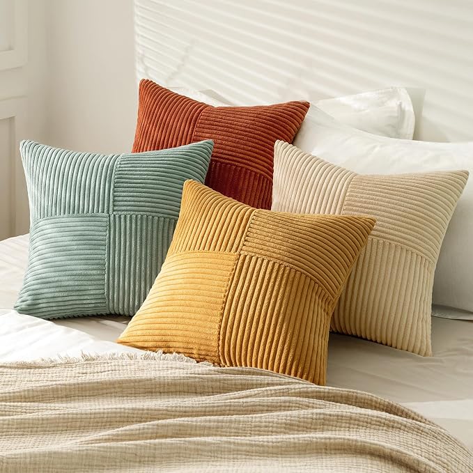 MIULEE Fall Teal-Orange Decorative Throw Pillow Covers 20x20 Inch Set of 4 Boho Corduroy Striped Cushion Cases Modern Farmhouse Patchwork Pillow Cases for Couch Sofa Bedroom Home Decor