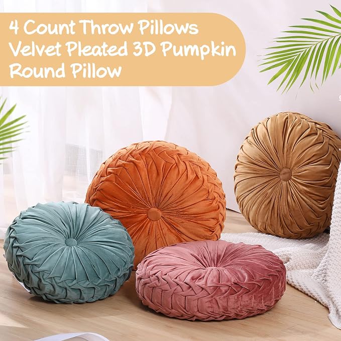 Kathfly 4 Pcs Round Throw Pillows Velvet,Orange, Yellow, Pink, Green | Pleated Pumpkin Design, Soft Velvet Fabric for Bed Sofa Chair, 14 Inch Diameter Floor Cushion, Elegant Home Decor Accent