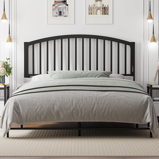 Weehom Metal Queen Headboard Only with LED Lights and USB, Black | Freestanding queen size headboard; adjustable height; USB charging station; modern bedroom design