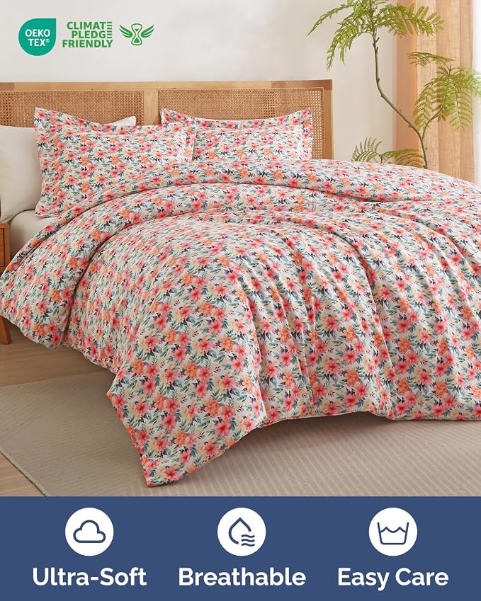 Duvet Cover King Size - Floral Duvet Cover - 3 Piece - Blush Bouquet | Soft Floral Duvet Cover 104 x 90 with 2 Pillow Shams, Zipper Closures & Ties, Floral Bedding for Women, Men, Kids & Teens