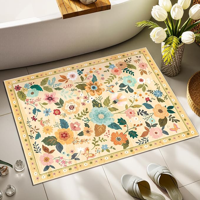RELEANY Floral Washable 2x3 Area Rugs Doormat Yellow/Orange | Flower Carpet, Print, Boho, Non-Slip, Easy to Clean, Soft, Low Pile for Living Room Bedroom Kitchen Office Entryway Hallway